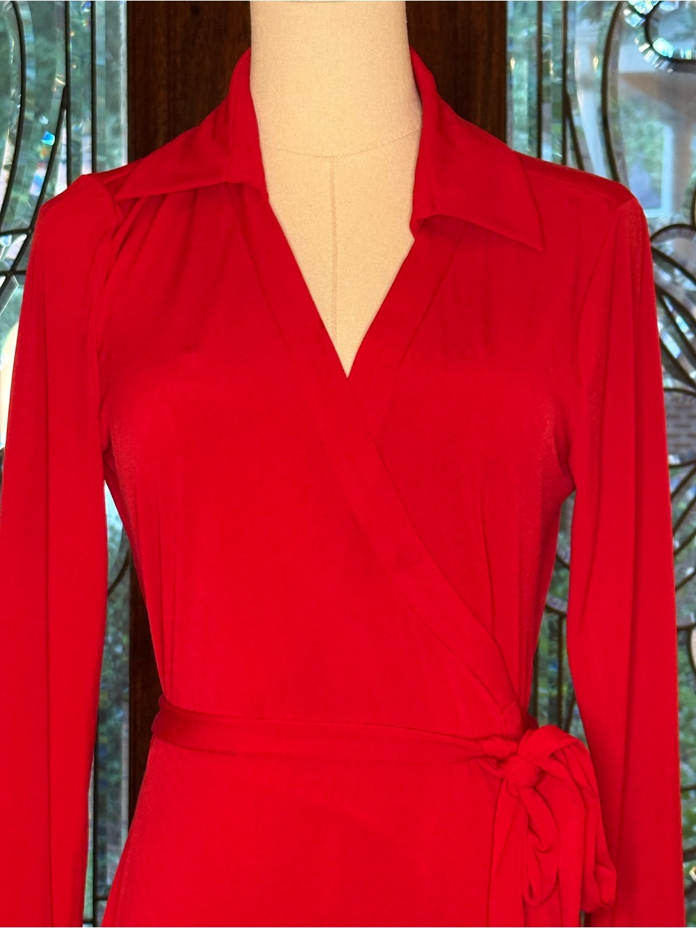 Calvin Klein Red Faux Wrap Tie Waist Long Sleeve Dress Sz 10 - Picture 2 of 6